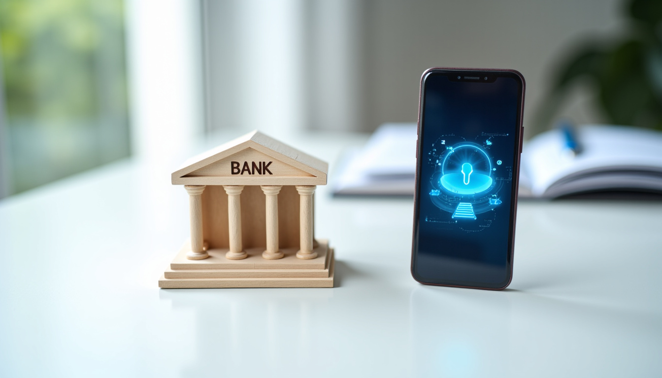 Comparaison visuelle entre une agence bancaire physique traditionnelle et une interface d