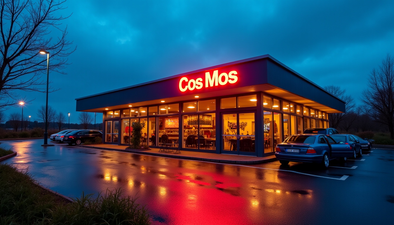 Façade extérieure du CosMos Restaurant à Puiseux-Pontoise en soirée, avec enseigne lumineuse et parking