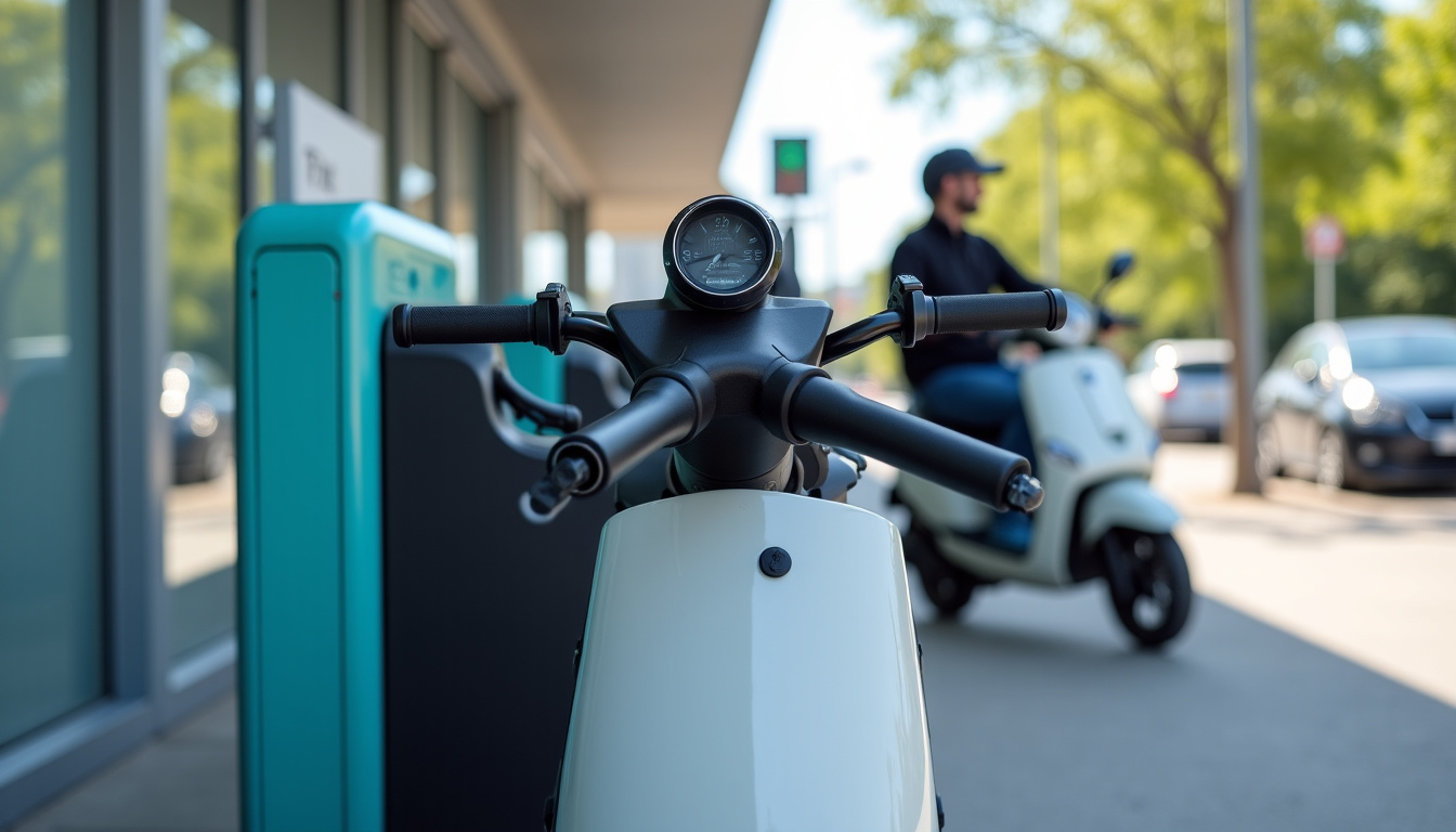 Moto électrique en charge dans une station urbaine en 2026