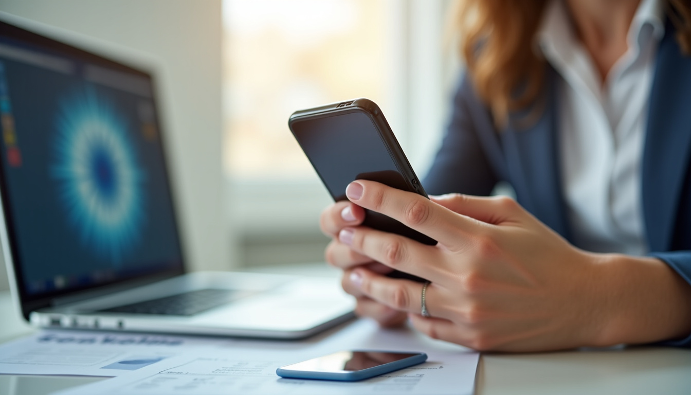 Personne utilisant une application de gestion budgétaire sur smartphone après avoir obtenu un prêt