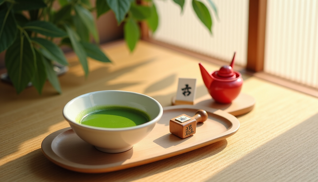 Contenu typique d’un calendrier de l’Avent culture japonais: thé matcha, tampons encreurs, fiches culturelles, origami