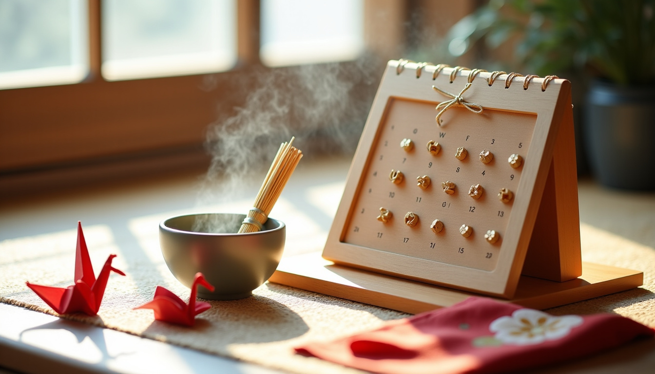 Calendrier de l’Avent japonais ouvert sur une table décorée avec thé matcha et objets traditionnels