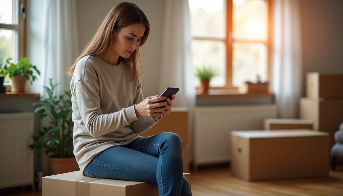 Personne utilisant son téléphone pour effectuer une demande de crédit rapide avant un déménagement urgent