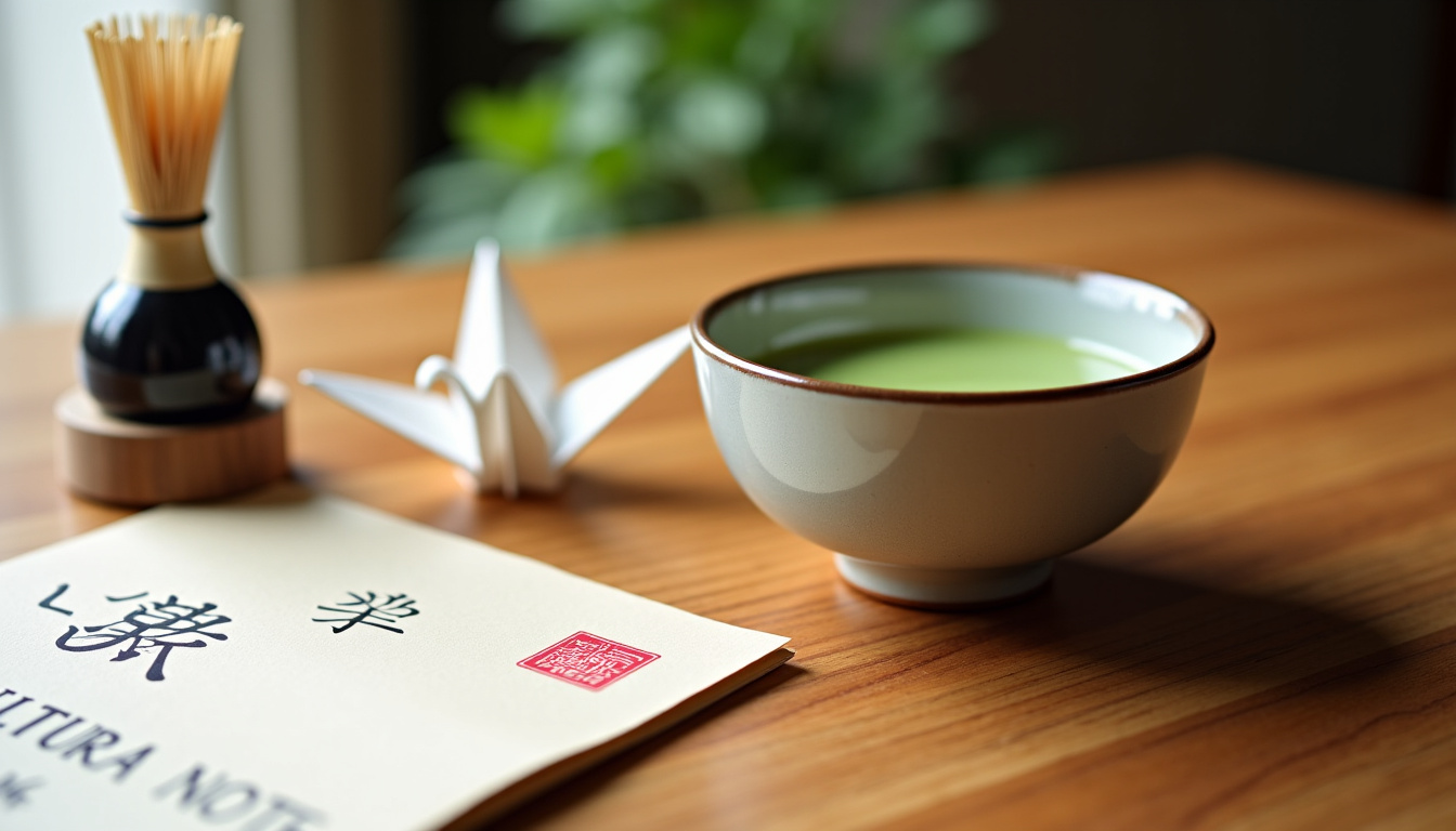 Contenu typique d’un calendrier de l’Avent culture japonais: thé matcha, tampons encreurs, fiches culturelles, origami