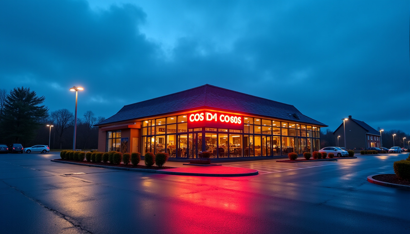 Façade extérieure du CosMos Restaurant à Puiseux-Pontoise en soirée, avec enseigne lumineuse et parking