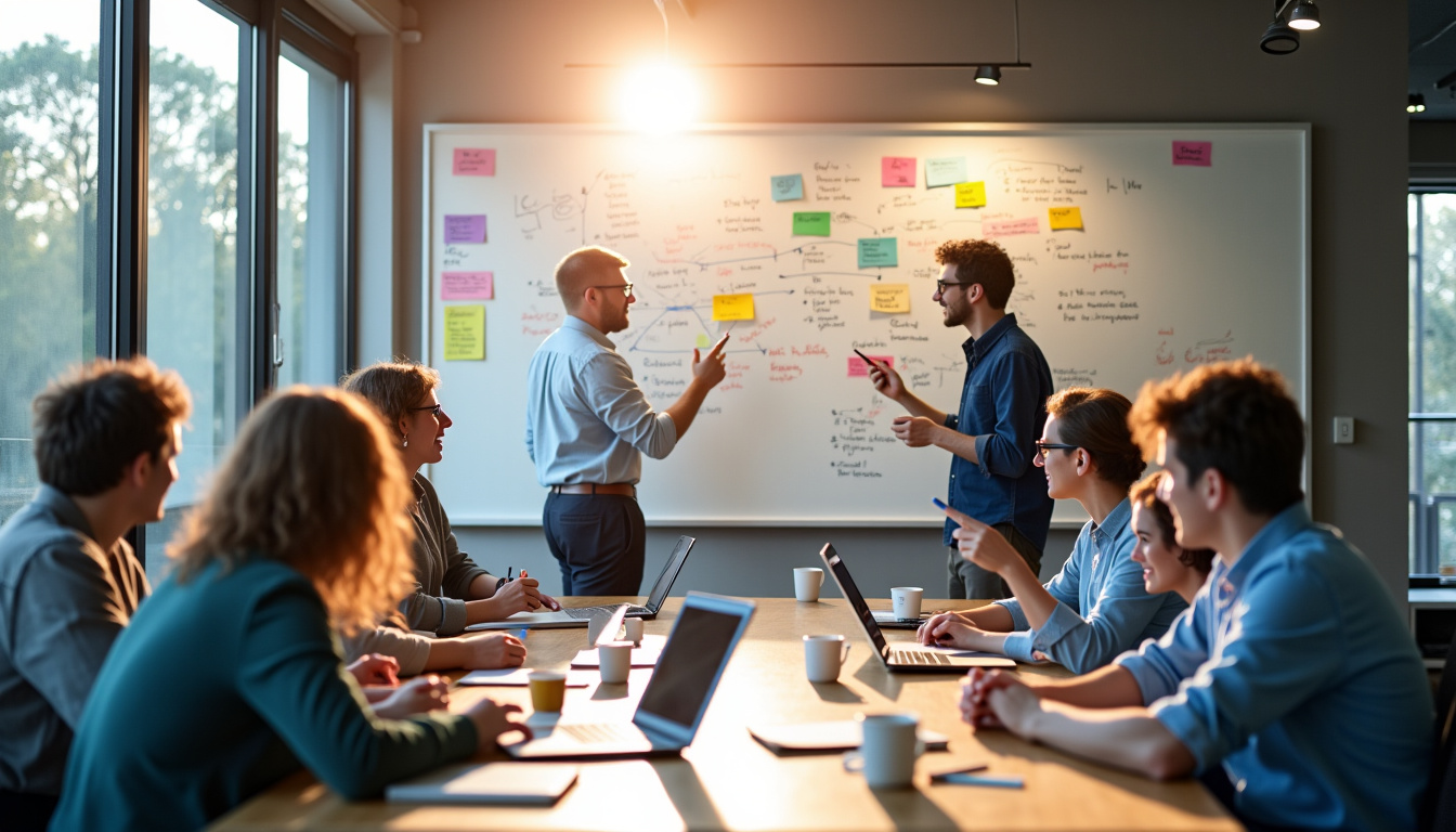 Équipe en réunion pendant un design sprint, autour d’un tableau blanc avec des post-it et des croquis