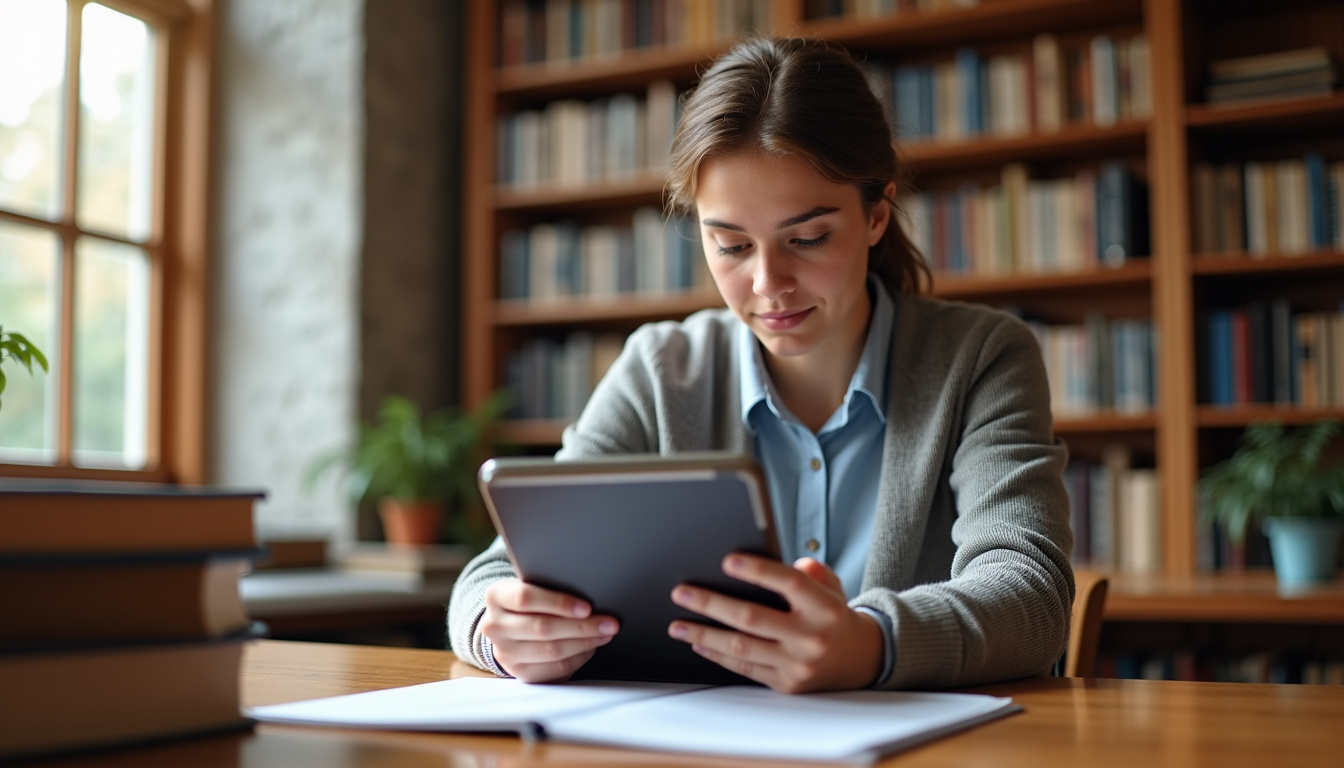 Étudiante en droit lisant un article juridique sur sa tablette en bibliothèque