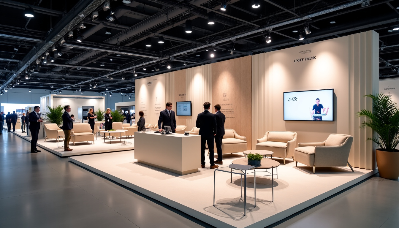 Installation d’un stand de salon avec mobilier professionnel en location à Paris