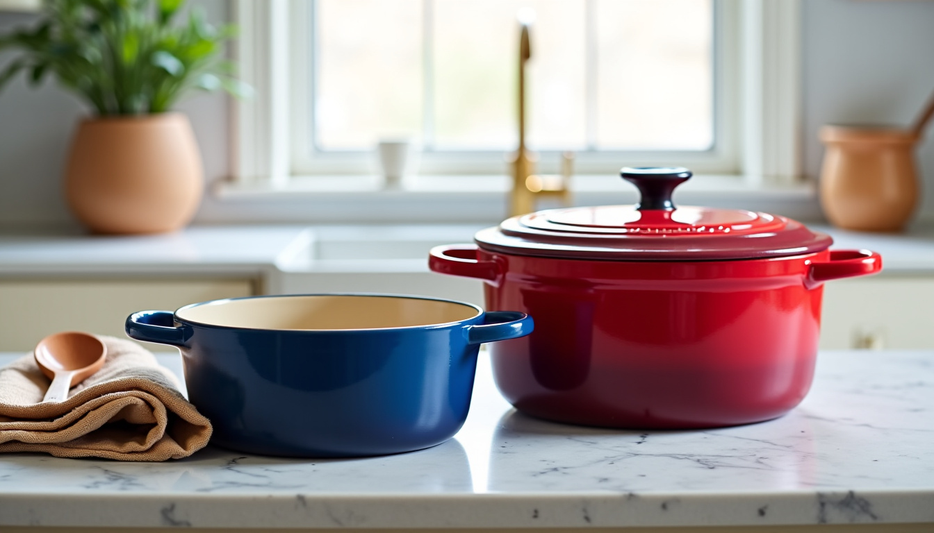Intérieur d'une boutique Le Creuset en outlet, montrant des rayonnages remplis de cocottes colorées en promotion