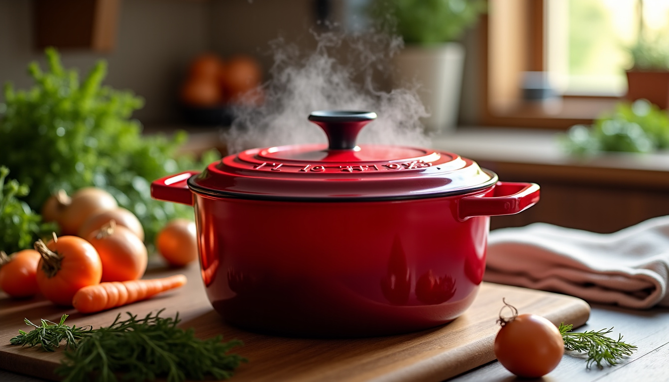 Cocotte Le Creuset d'occasion en très bon état, posée sur un plan de travail de cuisine