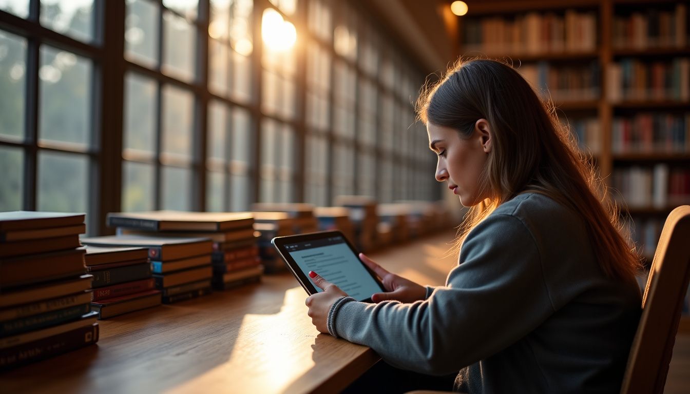Étudiante en droit lisant un article juridique sur sa tablette en bibliothèque
