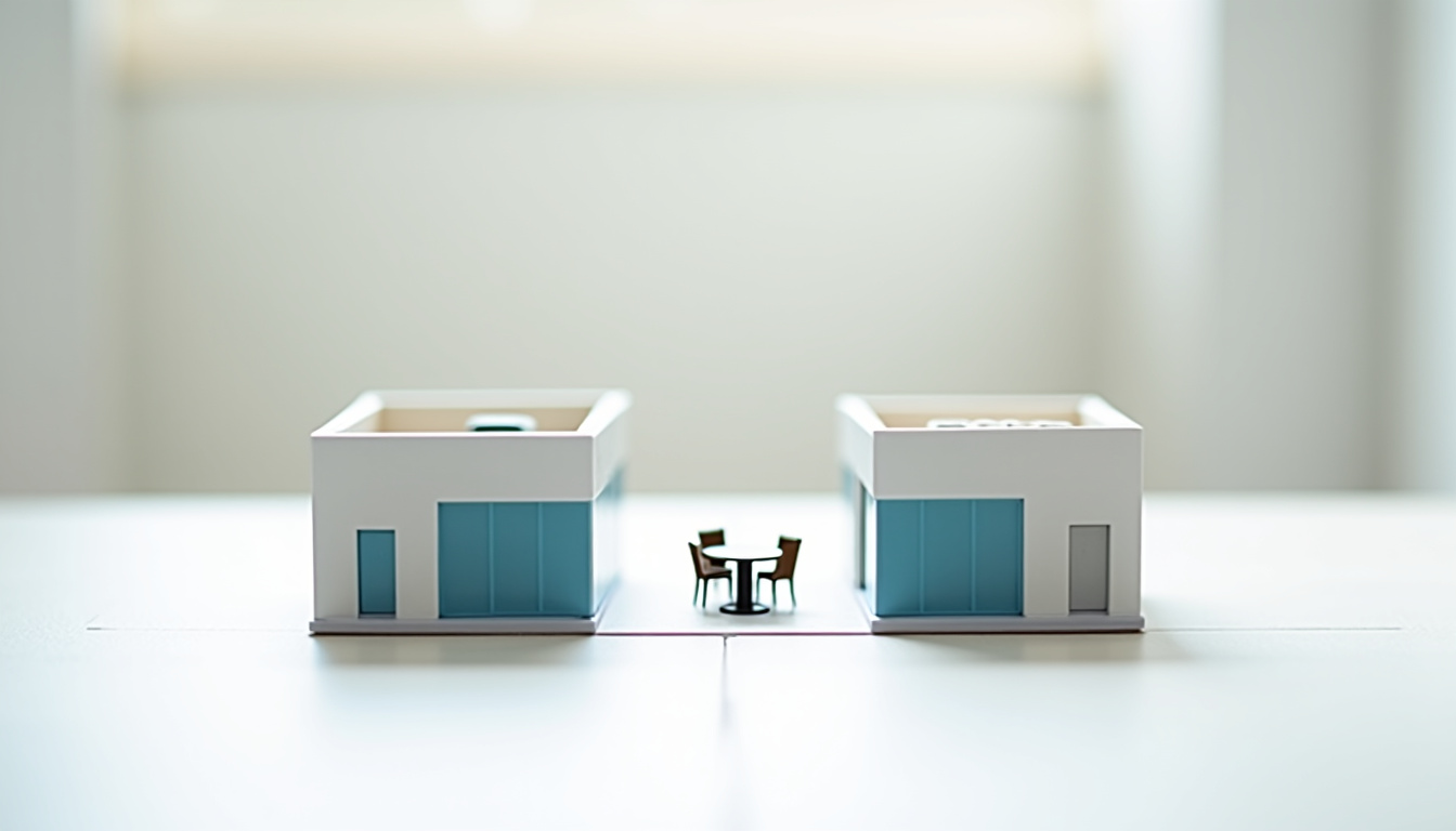 Plan d’un local professionnel partagé entre deux entreprises, avec zones délimitées pour bureaux et espaces communs