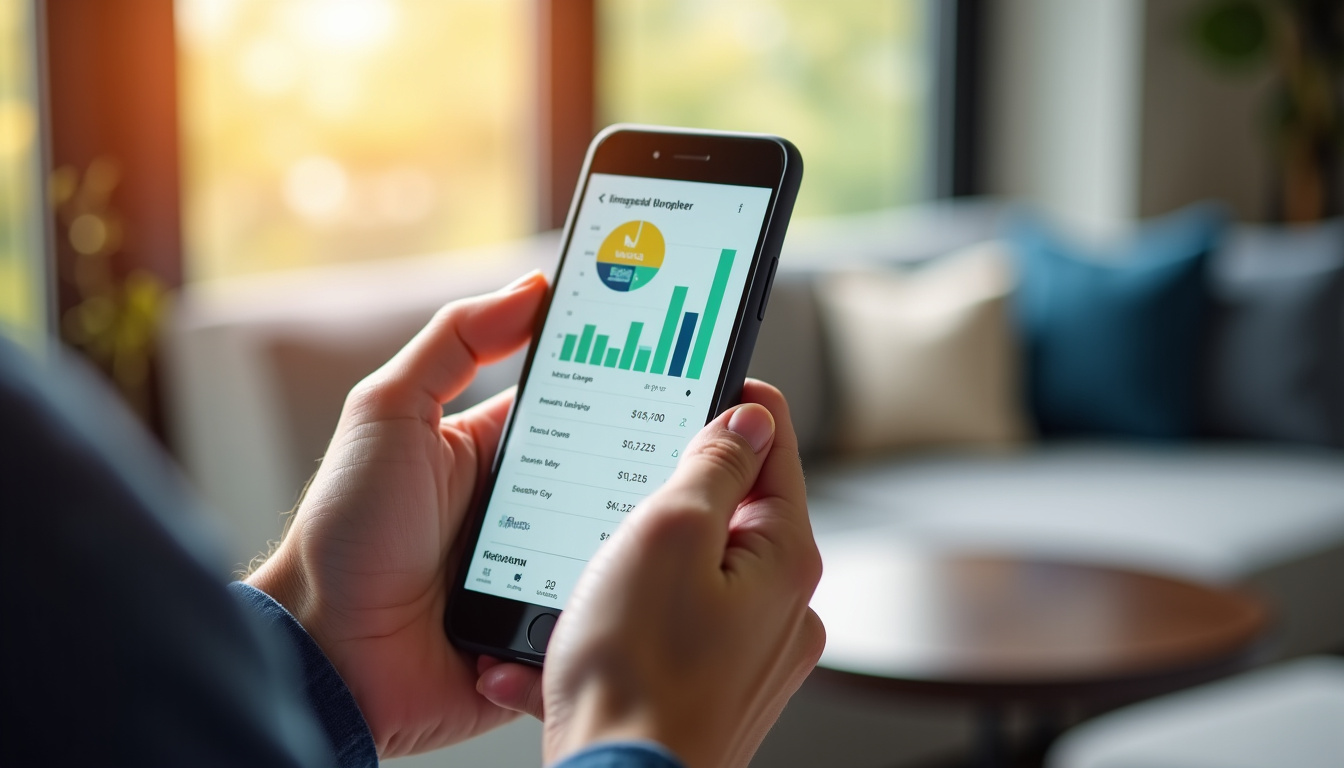 Personne utilisant une application de gestion budgétaire sur smartphone après avoir obtenu un prêt