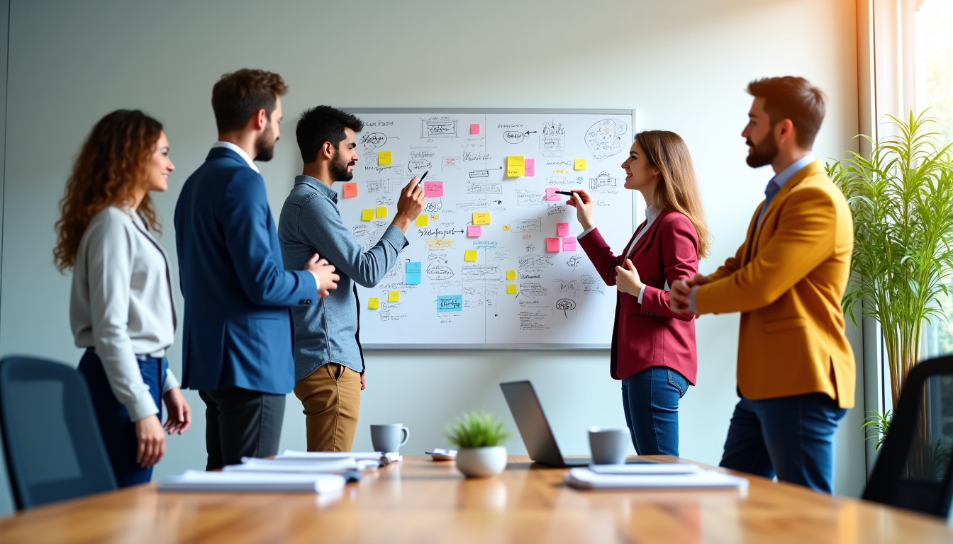 Équipe en réunion pendant un design sprint, autour d’un tableau blanc avec des post-it et des croquis