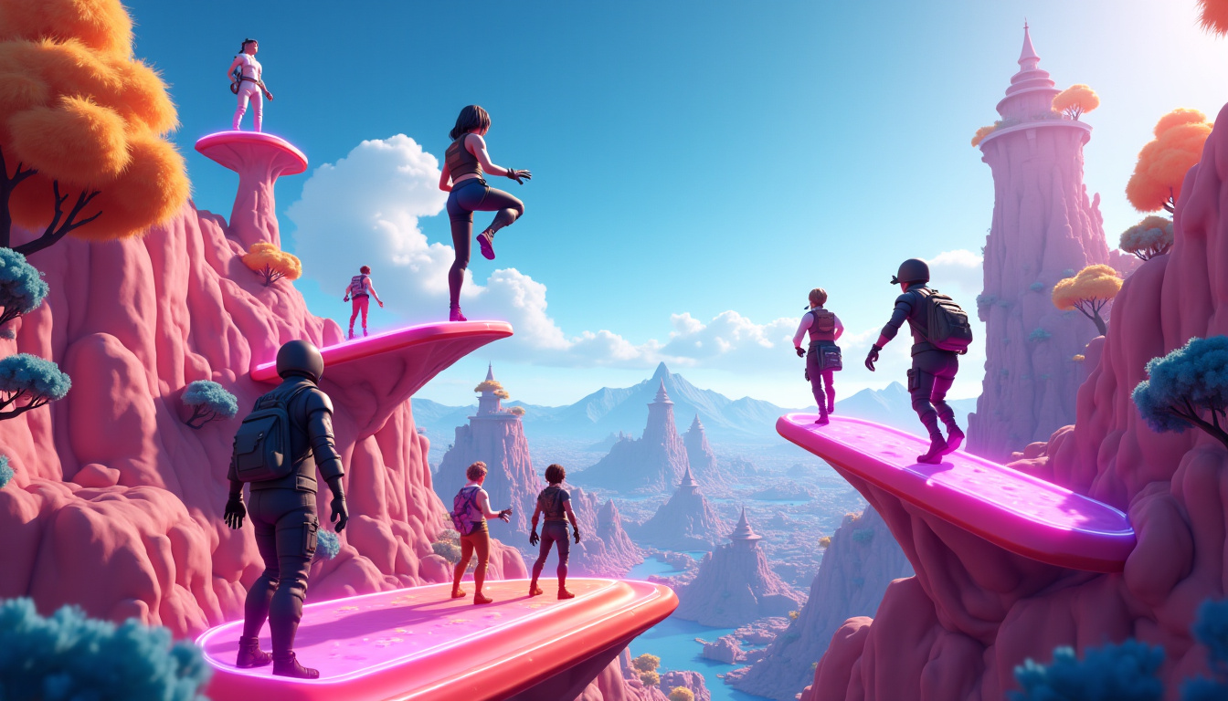 Représentation d’un monde virtuel créé dans Fortnite Creative avec des éléments interactifs et des joueurs