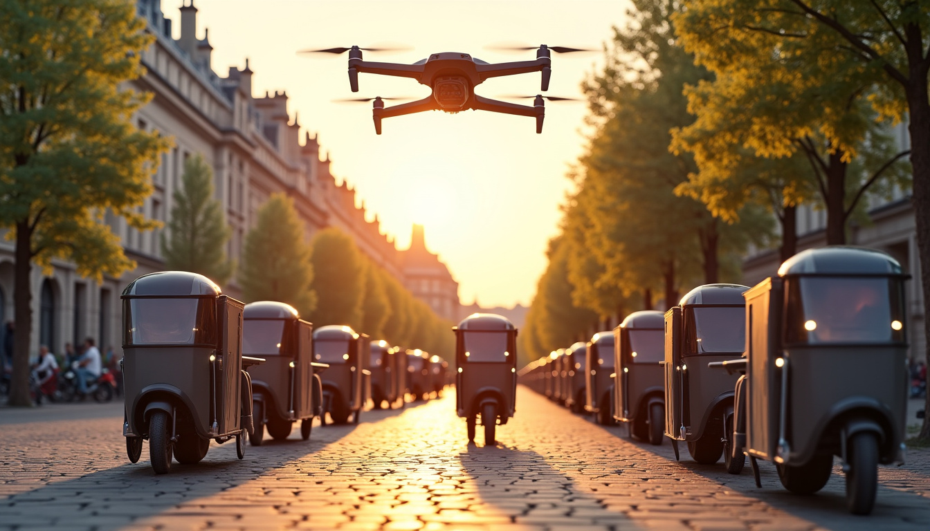 Vision futuriste de livraisons collaboratives à Paris avec vélos cargos et drones