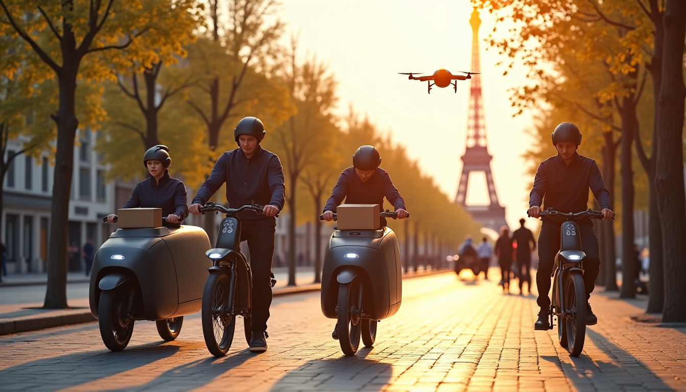 Vision futuriste de livraisons collaboratives à Paris avec vélos cargos et drones
